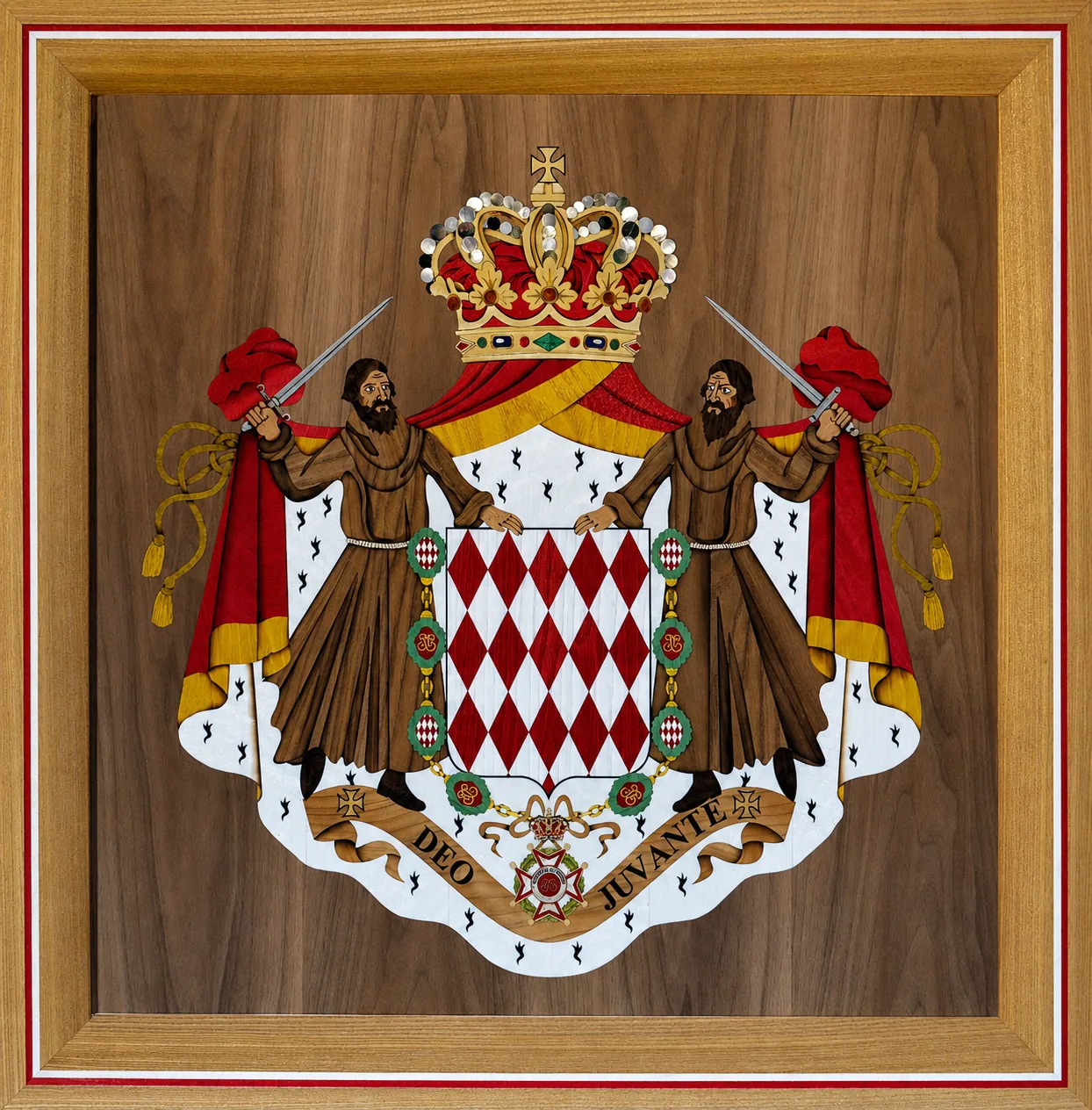 Armoiries princières de Monaco en marqueterie d'art, plaque encadrée avec couronne princière