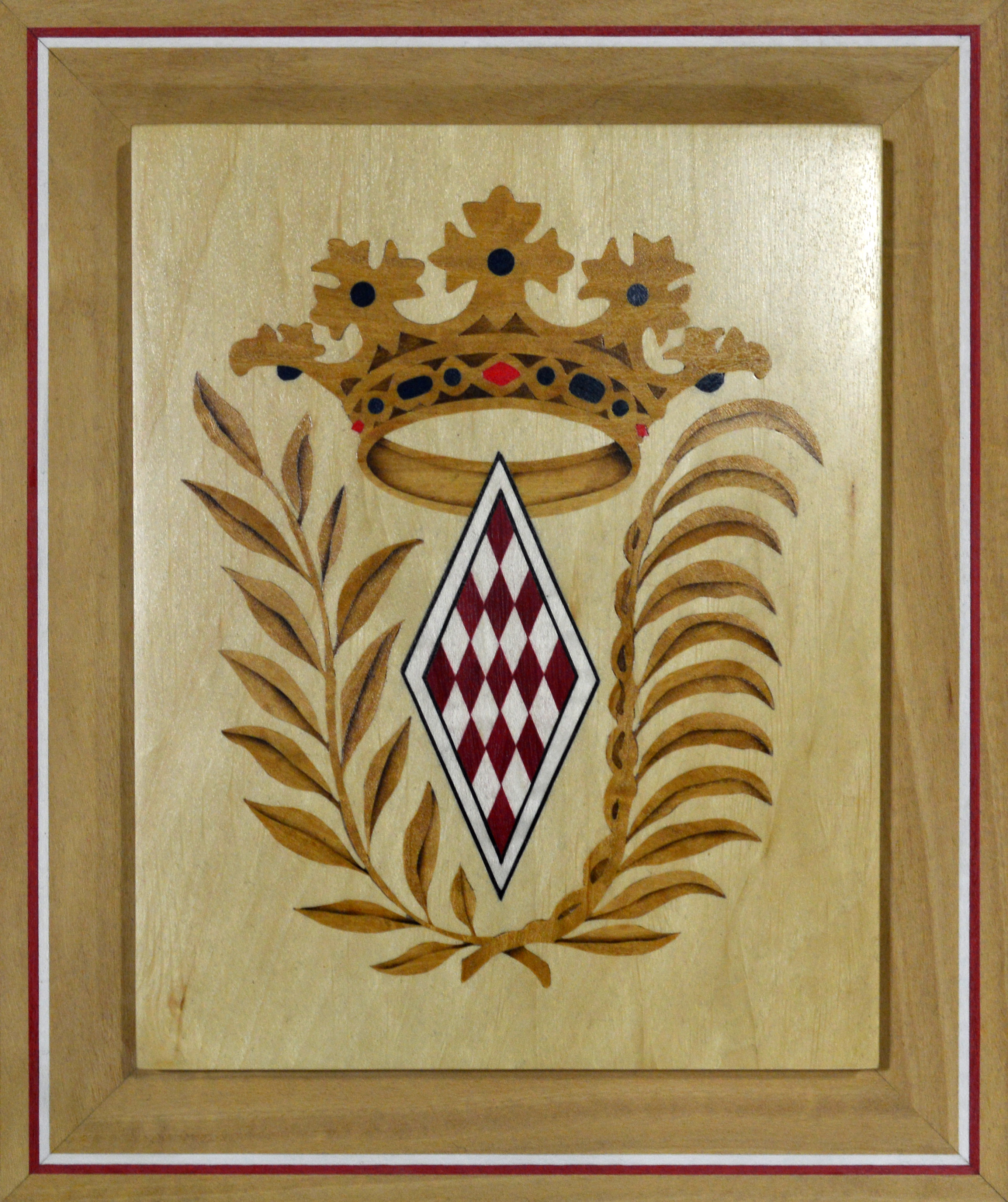 Marqueterie du Blason de la fédération des sites historiques Grimaldi de Monaco réalisé par Christophe Thurnherr