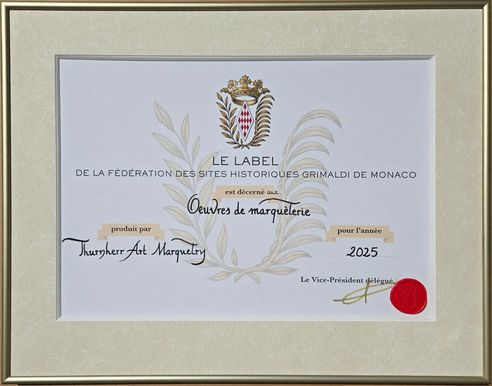 Label de la Fédération des Sites Historiques Grimaldi de Monaco décerné à Thurnherr Art Marquetry pour l'année 2025